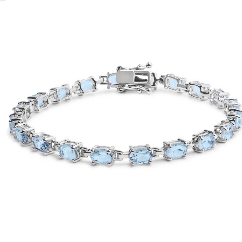 Haus of Brilliance Sterling Silver Oval Blue Topaz Link Bracelet 7”